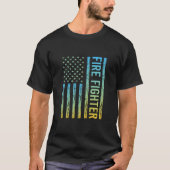 Blauw Geel USA Vlag - Brandweerman T-shirt (Voorkant)