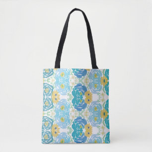 Blauw & Geel Waterverf Bloemmotief Draagtas