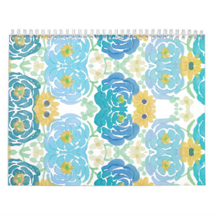 Blauw & Geel Waterverf Bloemmotief Kalender