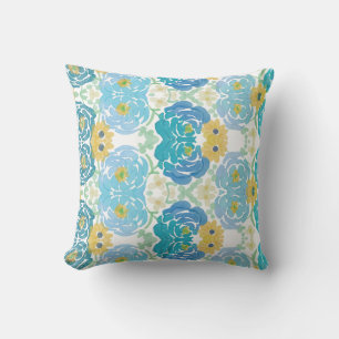 Blauw & Geel Waterverf Bloemmotief Kussen