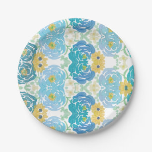 Blauw & Geel Waterverf Bloemmotief Papieren Bordje