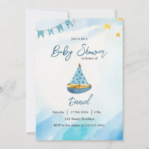 Blauw Geel Waterverf Boat Baby shower Kaart