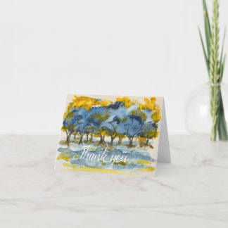 Blauw geel waterverf bomen- blank - dank u kaart