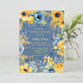 Blauw Geel Waterverf Pioen Bruiloft Kaart (Staand voorkant)