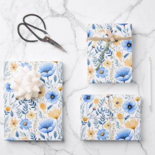 Blauw Geel Wildbloemen Boho Baby Vrijgezellenfeest Inpakpapier Vel