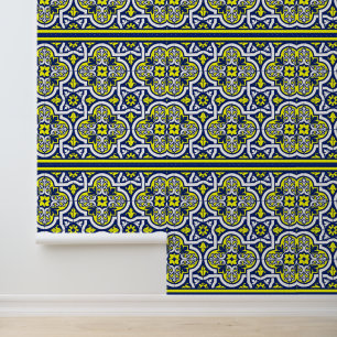 Blauw Geel Wit Retro Ornamenten Behang