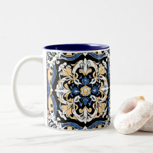 Blauw Geel Wit Zwart Azuleju Spaans Marokkaans Tweekleurige Koffiemok