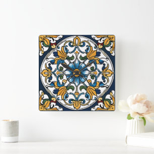 Blauw Geel Wit Zwart Azuleju Spaans Marokkaans Vierkante Klok