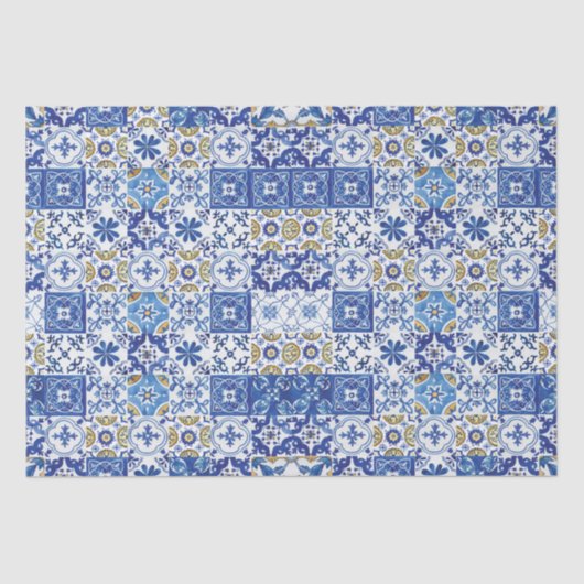 Blauw Geel Witte Meditterraanse Mozaïek Tegels  Tissuepapier (Voorkant)