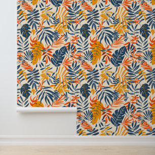 Blauw Geel Zomer Tropische Palmbladeren Behang