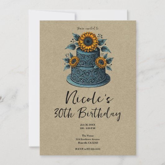 Blauw Geel Zonnebloem Tier Cake Verjaardagsfeest Kaart (Voorkant)