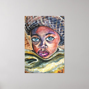 Blauw-geesterd klein meisje met Pet - Waterverf ku Canvas Afdruk