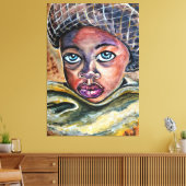 Blauw-geesterd klein meisje met Pet - Waterverf ku Canvas Afdruk (Insitu (Woonkamer))