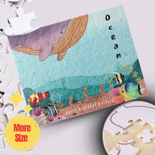 Blauw geïllustreerde oceaan gepersonaliseerde mini legpuzzel