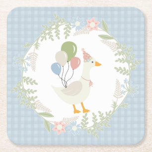 Blauw Gekke Goose Floral Gingham Papier Vierkante Kartonnen Onderzetter