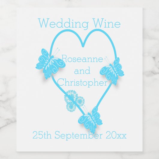 Blauw Gekleurd Vlinder Hart Ontwerp Bruiloft Wijn Etiket (Enkel label)