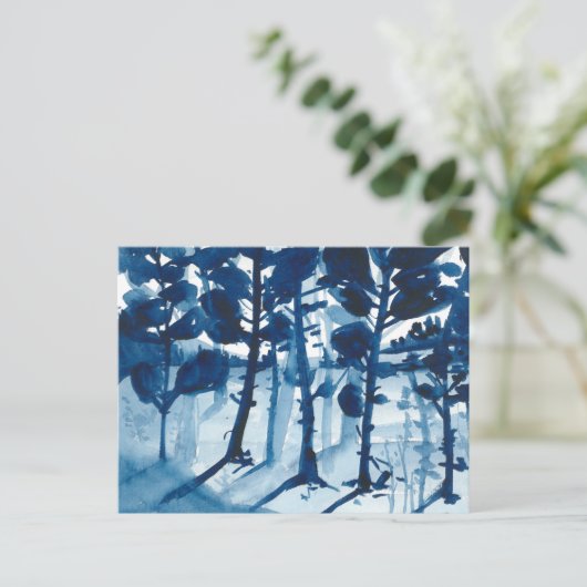 Blauw gekleurd waterverf landschap, abstracte boom feestdagenkaart (Staand voorkant)