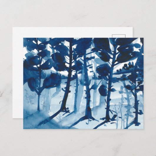 Blauw gekleurd waterverf landschap, abstracte boom feestdagenkaart (Voorkant / Achterkant)