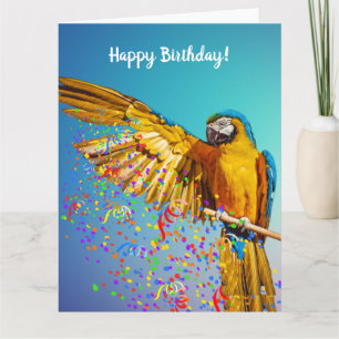 Blauw-gele Ara gooit confetti       Kaart