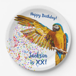 Blauw-gele Ara gooit confetti      Papieren Bordje