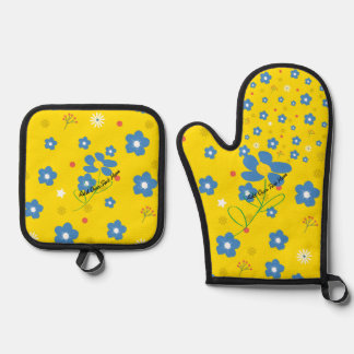 Blauw Gele Bloemen Ovenwant & Pannenlap Set