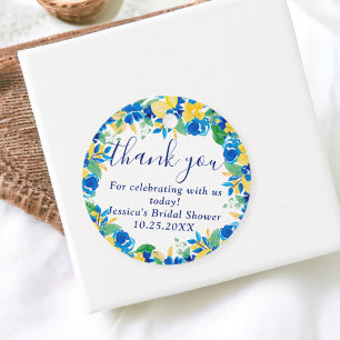 Blauw gele citroenen bloemrijke waterverf bruidsdo bedankjes labels