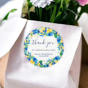 Blauw gele citroenen bloemrijke waterverf bruidsdo ronde sticker