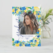Blauw gele citroenen floral script foto afstuderen kaart (Staand voorkant)