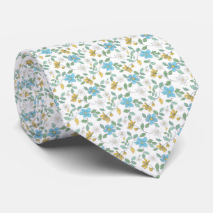Blauw gele en witte bloemen op witte achtergrond. stropdas