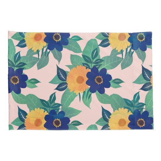 blauw gele florale en folieroze design kussensloop (Achterkant-Rechts)
