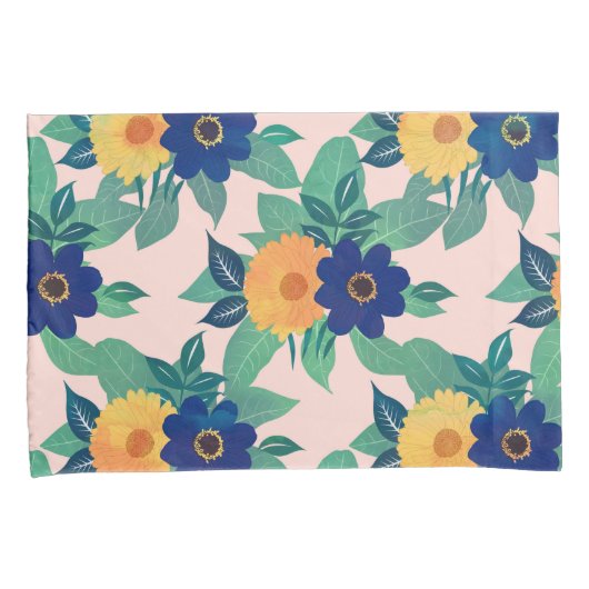 blauw gele florale en folieroze design kussensloop (Voorkant-Rechts)