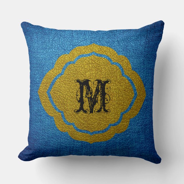 Blauw gele leder kussen (Voorkant)