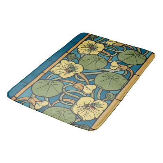 Blauw gele Nasturtium Flower Nouveau Pattern Badmat (Gekanteld)