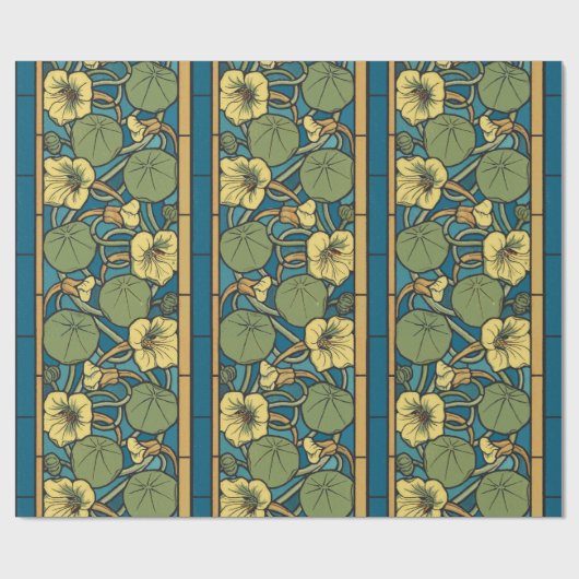 Blauw gele Nasturtium Flower Nouveau Pattern Cadeaupapier (Vlak)