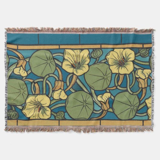 Blauw gele Nasturtium Flower Nouveau Pattern Deken (Voorkant)