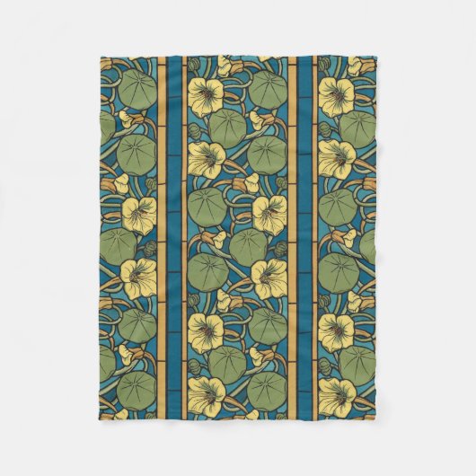 Blauw gele Nasturtium Flower Nouveau Pattern Fleece Deken (Voorkant)