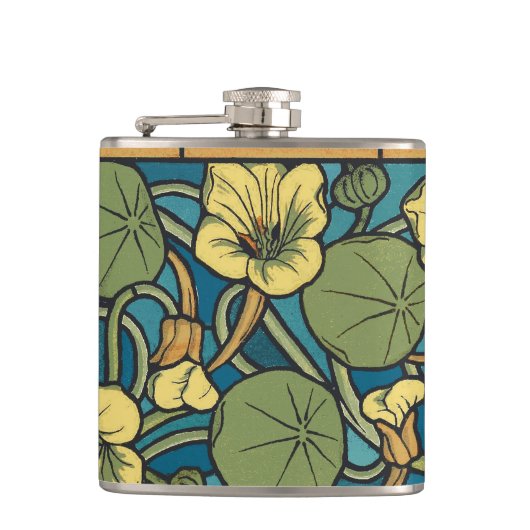 Blauw gele Nasturtium Flower Nouveau Pattern Heupfles (Voorkant)