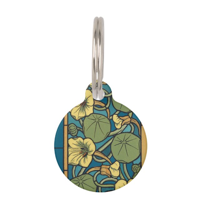 Blauw gele Nasturtium Flower Nouveau Pattern Huisdierpenning (Voorkant)