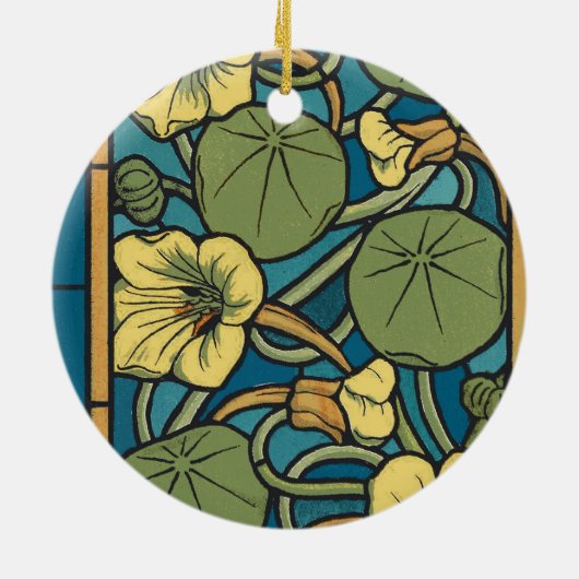 Blauw gele Nasturtium Flower Nouveau Pattern Keramisch Ornament (Achterkant)