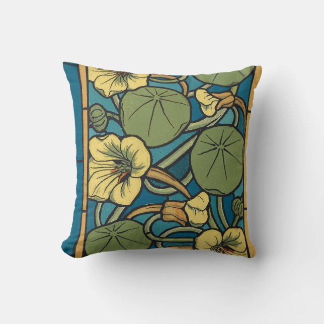 Blauw gele Nasturtium Flower Nouveau Pattern Kussen (Voorkant)