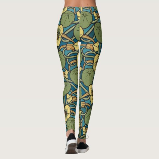 Blauw gele Nasturtium Flower Nouveau Pattern Leggings (Achterkant)
