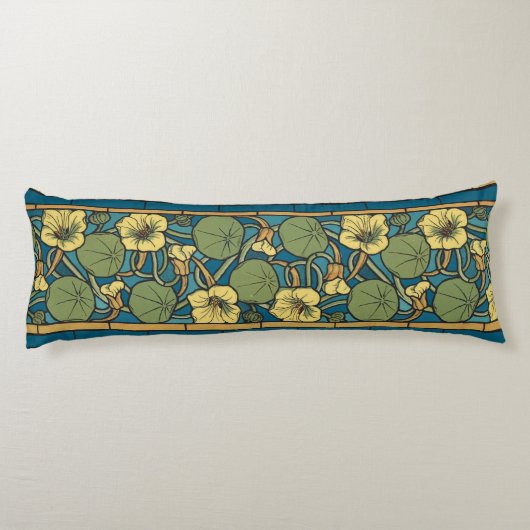 Blauw gele Nasturtium Flower Nouveau Pattern Lichaamskussen (Achterkant)