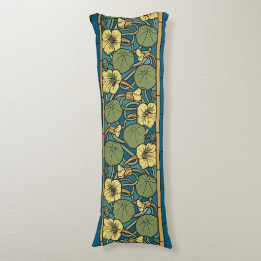 Blauw gele Nasturtium Flower Nouveau Pattern Lichaamskussen (Voorkant Verticaal)