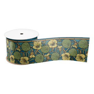 Blauw gele Nasturtium Flower Nouveau Pattern Lint
