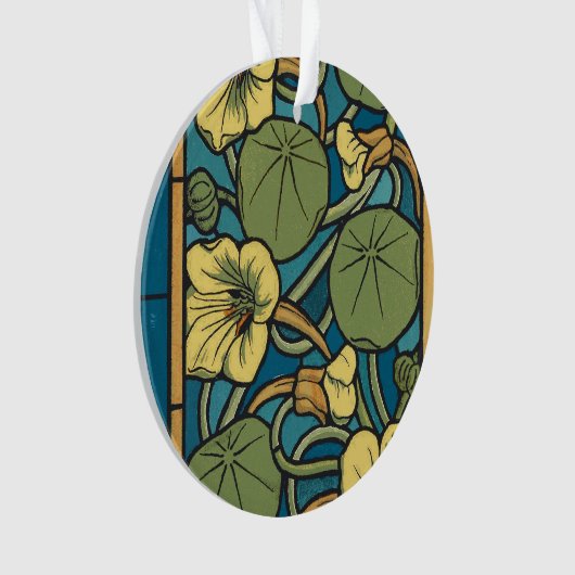 Blauw gele Nasturtium Flower Nouveau Pattern Ornament (voorkant)