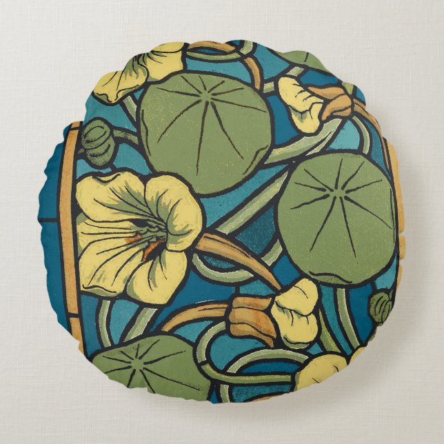 Blauw gele Nasturtium Flower Nouveau Pattern Rond Kussen (Voorkant)