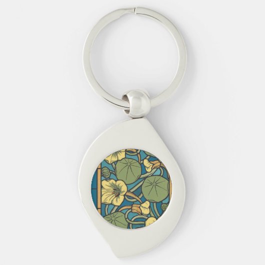 Blauw gele Nasturtium Flower Nouveau Pattern Sleutelhanger (Voorkant)