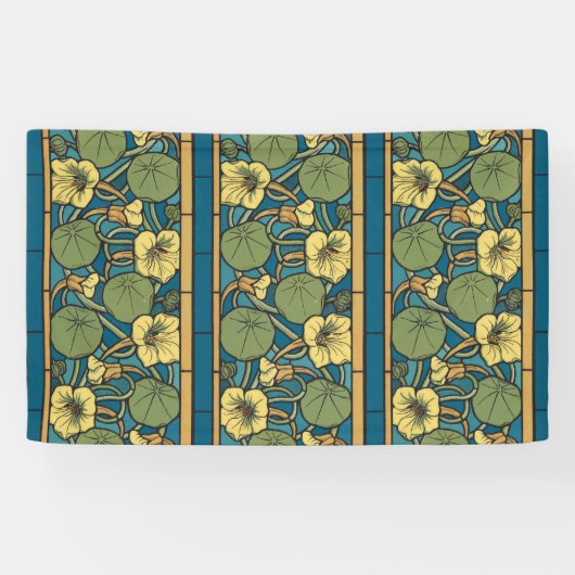 Blauw gele Nasturtium Flower Nouveau Pattern Spandoek (Horizontaal)