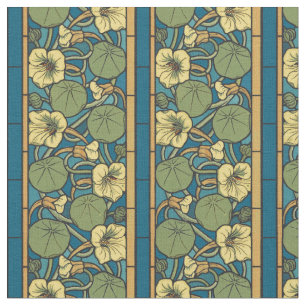 Blauw gele Nasturtium Flower Nouveau Pattern Stof