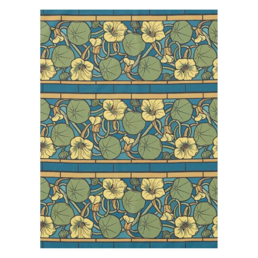 Blauw gele Nasturtium Flower Nouveau Pattern Tafelkleed (Voorkant)